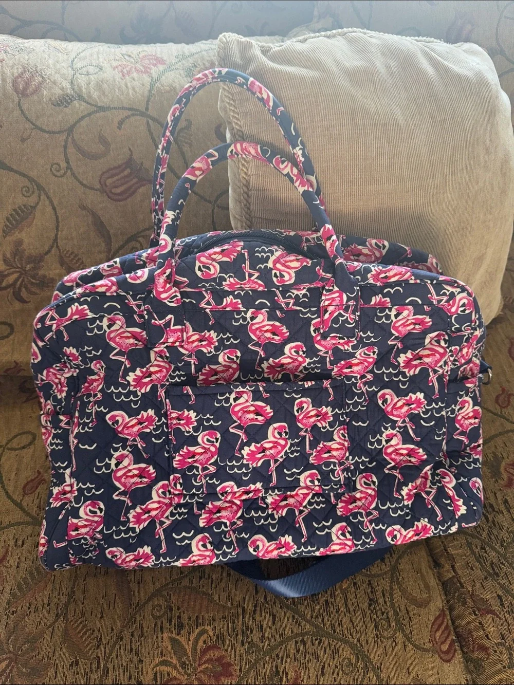 Navy Quilted Flamingo Laptop Tote - Pink Flamingo Pattern